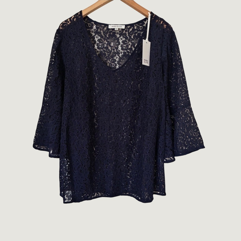 Rose + Olive Navy Blue Floral Lace V-Neck Bell Sleeve Blouse with Cami 2X